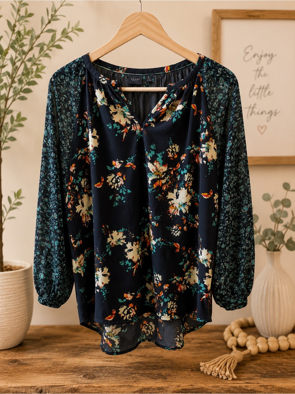 Kaari Blue Navy Floral Blouse with Printed Contrast Sleeves small